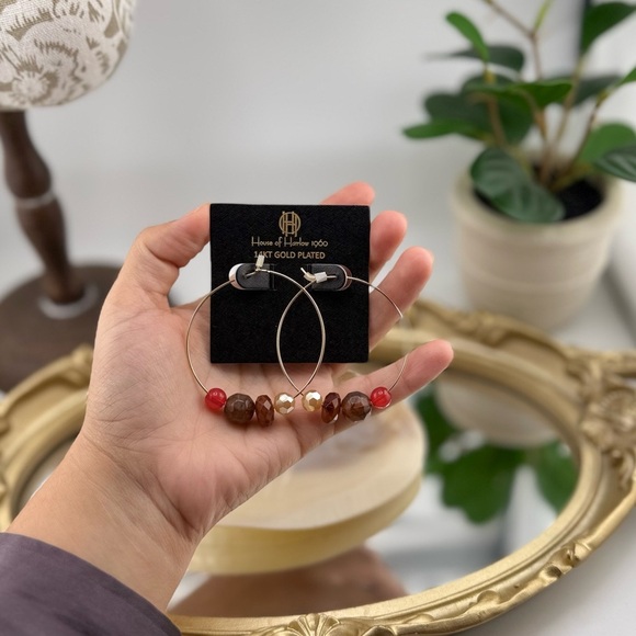 House of Harlow 1960 14KT Gold Plated Hoop Earrings with Multi-Colored Beads - Picture 2 of 6